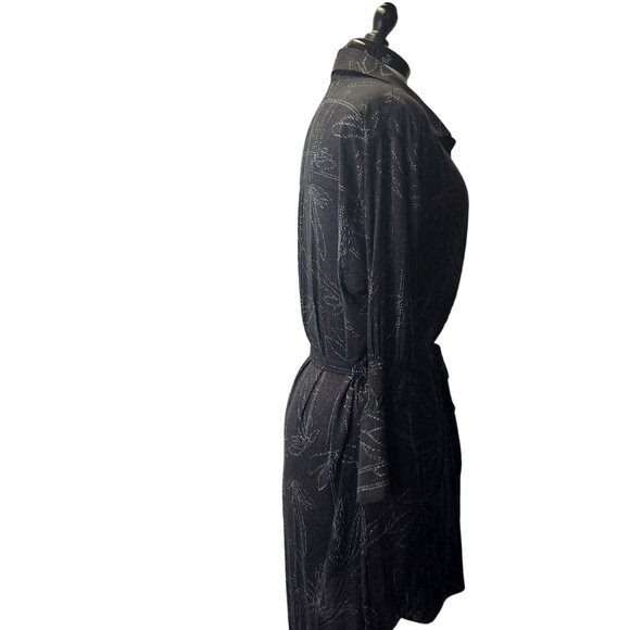 Halston Heritage Black & Silver Patterned Dress With Tie Waist & Flared Sleeves - Picture 3 of 16